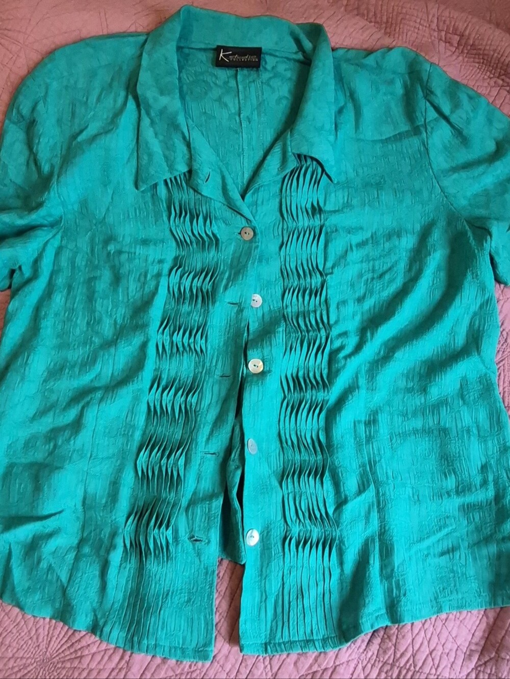 Vintage Katherine Barclay Teal Pleated Front Short-Sleeve Button-Up Shirt